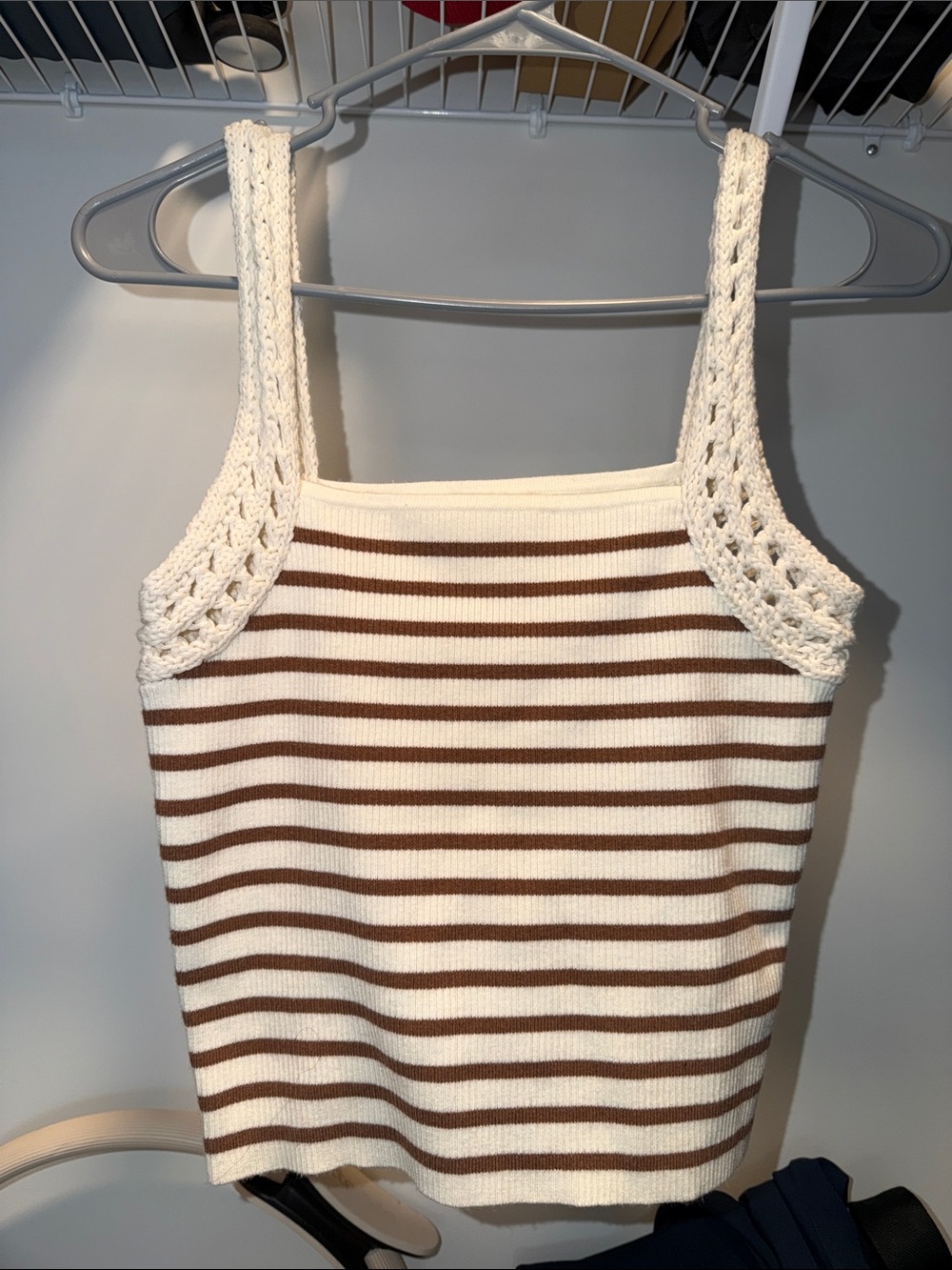 aerie Cream & Brown Striped Crochet-Trim Tank